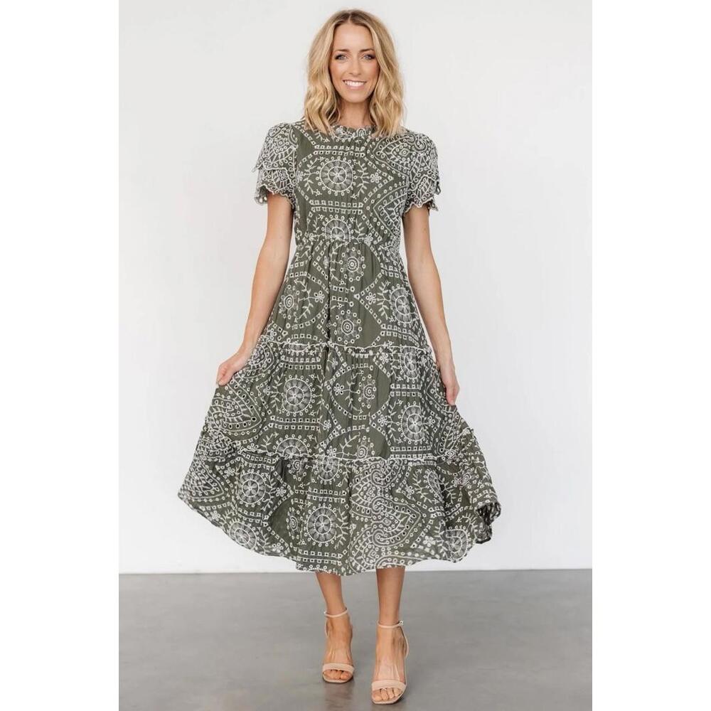 Baltic Born Olive White Embroidered Eyelet Midi Dress Tiered Fit & Flare SMALL